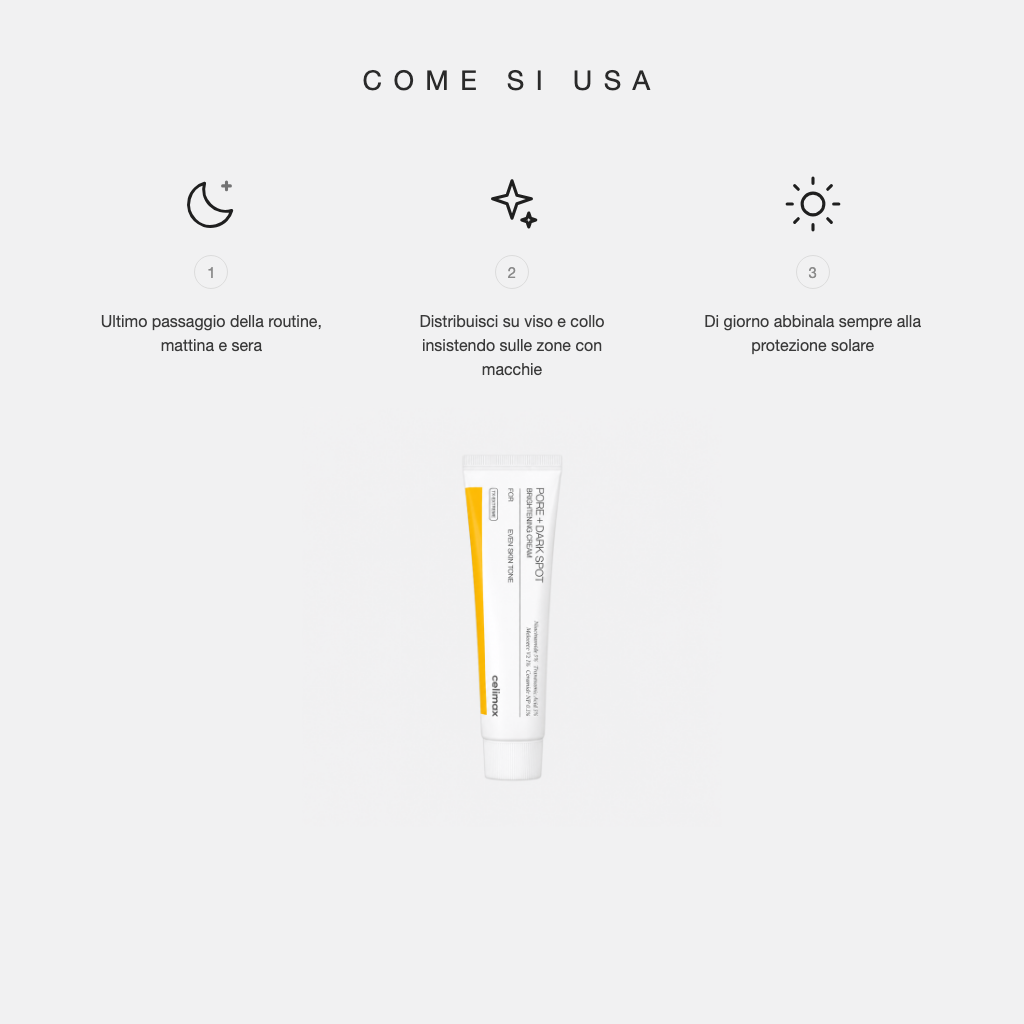 Celimax Pore + Dark Spot Brightening Cream - come si usa in tre step