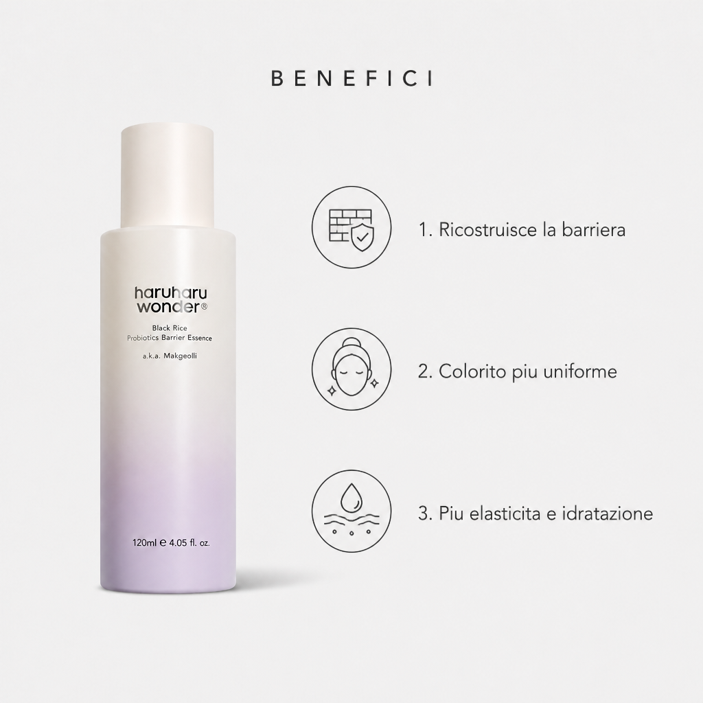 Benefici: ricostruisce la barriera, colorito uniforme, elasticità e idratazione